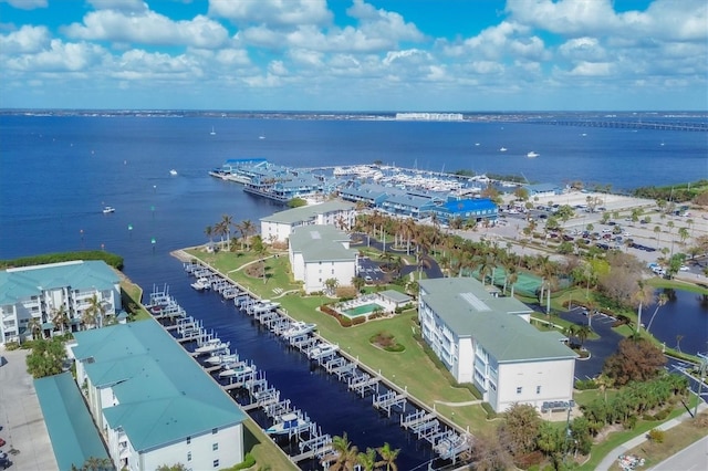 bird's eye view with a water view