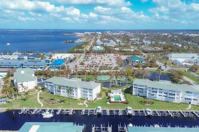 aerial view featuring a water view