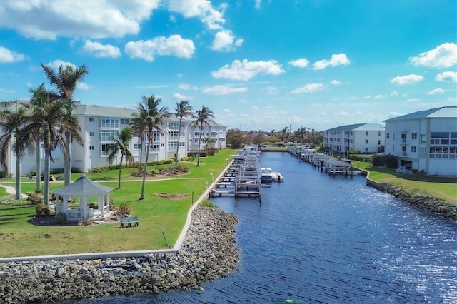 view of water feature featuring a gazebo and a dock