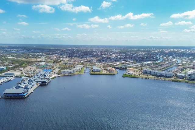 bird's eye view with a water view