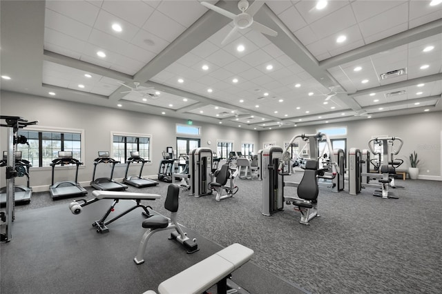 workout area with ceiling fan