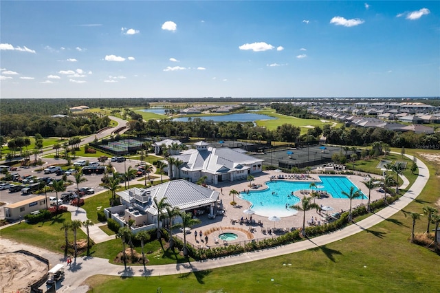 drone / aerial view featuring a water view