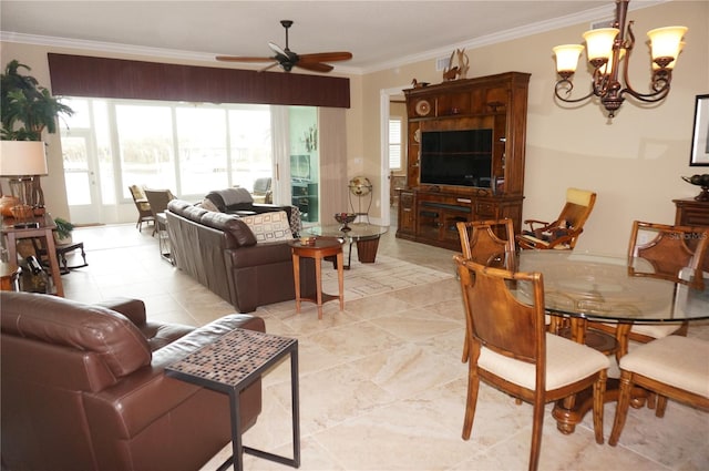 living room featuring ceiling fan with notable chandelier and crown molding