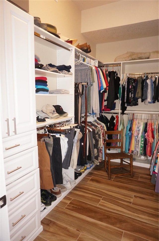 walk in closet with wood-type flooring