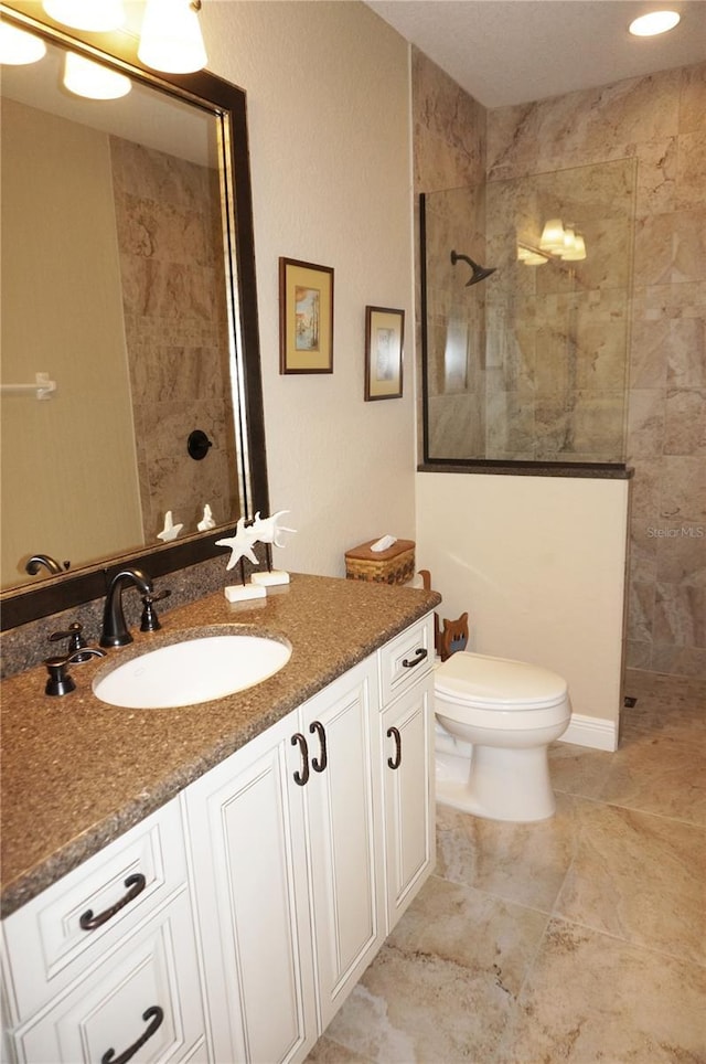 full bath with a walk in shower, toilet, and vanity