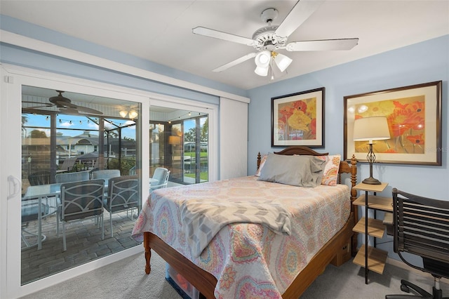 carpeted bedroom featuring access to outside and ceiling fan