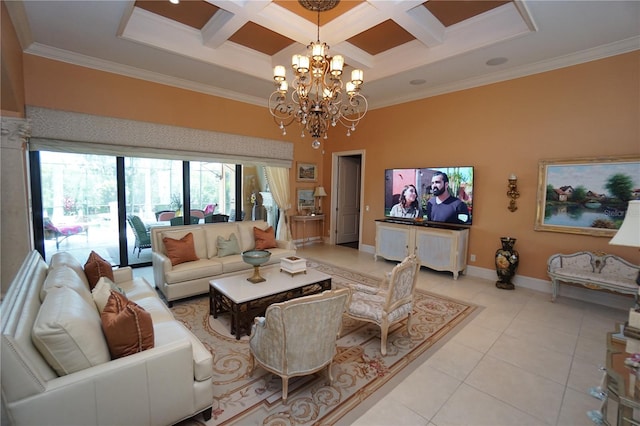 living room with coffered ceiling, beamed ceiling, a notable chandelier, light tile patterned flooring, and ornamental molding