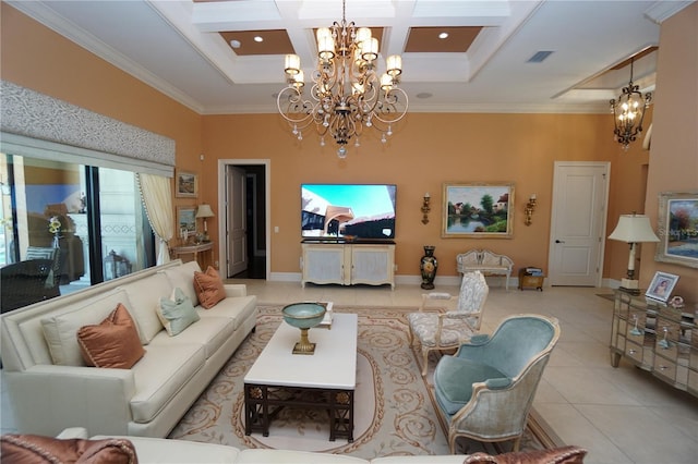 tiled living room with a high ceiling, an inviting chandelier, coffered ceiling, and crown molding