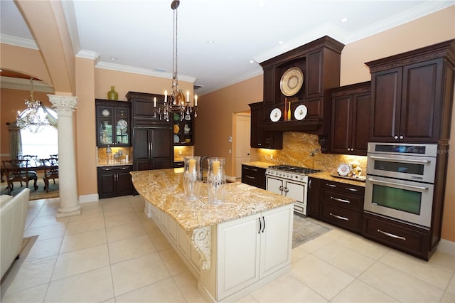 3507 Terin Ct, Punta Gorda, FL 33950 - kitchen featuring a chandelier, ornate columns, stainless steel appliances, crown molding, and backsplash