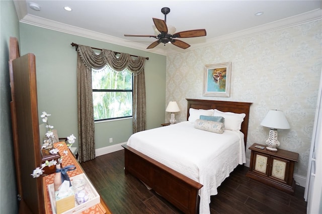 bedroom with ceiling fan and ornamental molding