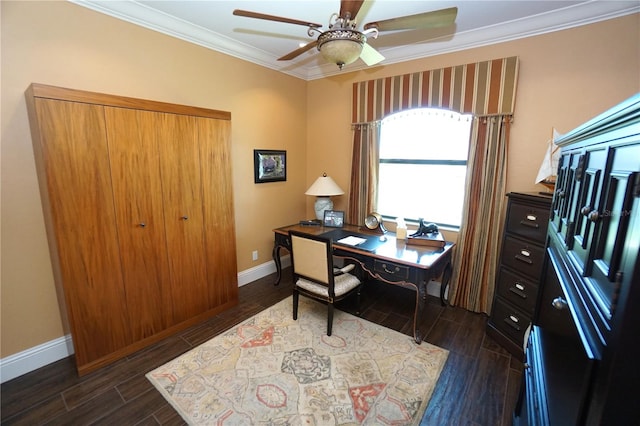 office space featuring ceiling fan and crown molding