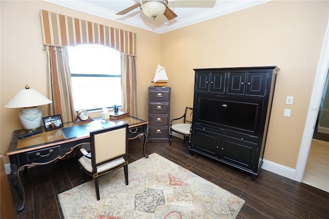 office with ceiling fan and ornamental molding