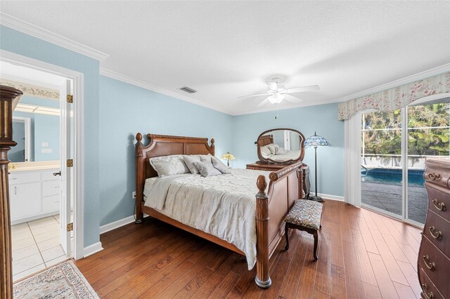 bedroom with crown molding, ceiling fan, access to exterior, connected bathroom, and wood-type flooring