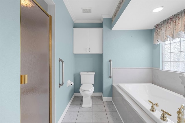 bathroom featuring toilet, independent shower and bath, and ornamental molding