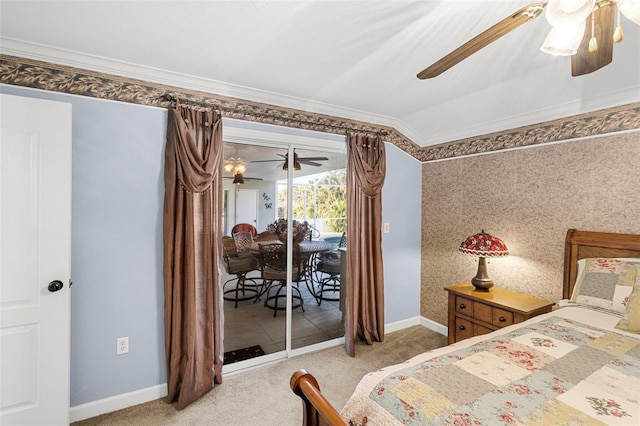 carpeted bedroom with ceiling fan, ornamental molding, and access to outside