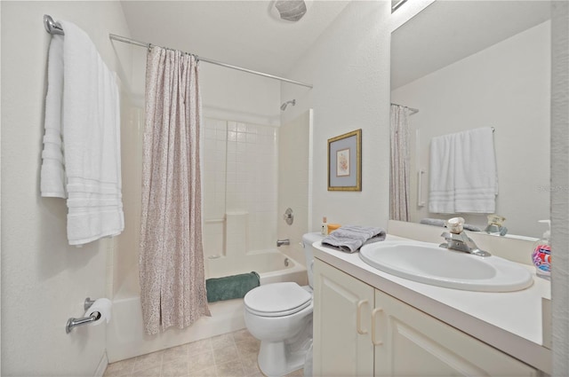 full bathroom featuring toilet, shower / bath combo, and vanity