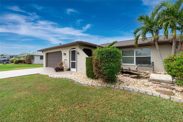 ranch-style home with a garage and a front lawn