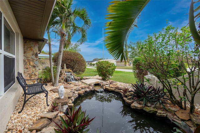 view of yard with a garden pond