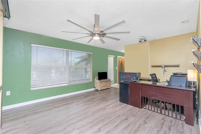 office featuring ceiling fan, a textured ceiling, and light hardwood / wood-style flooring