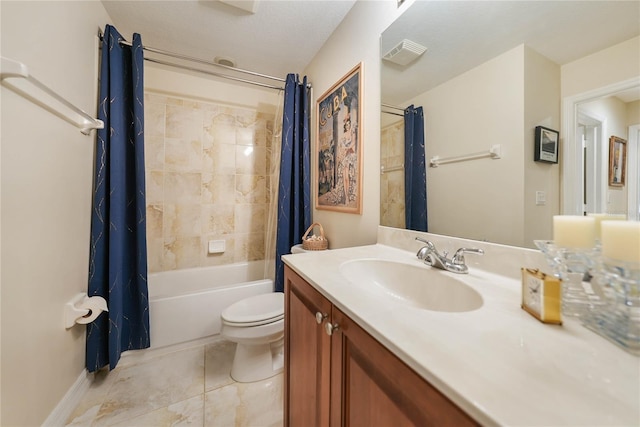 full bath with visible vents, toilet, tile patterned floors, shower / bath combination with curtain, and vanity