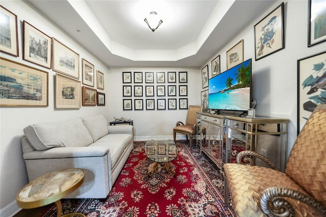 living room featuring baseboards and a raised ceiling