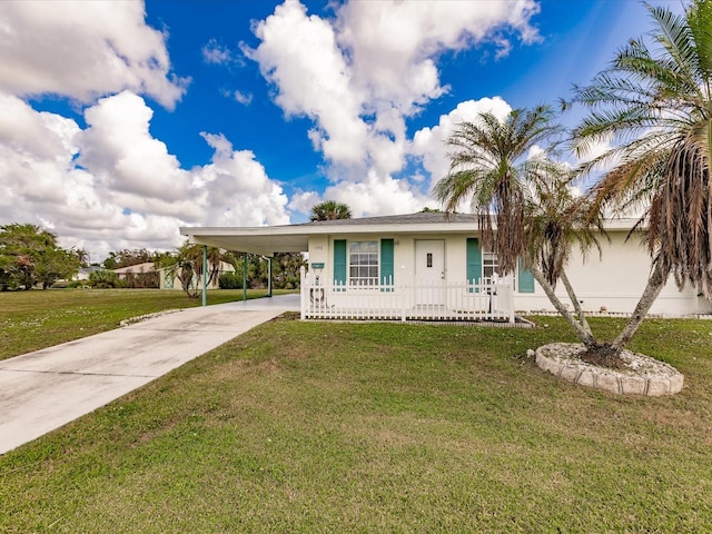 view of front of home featuring a front yard and a carport