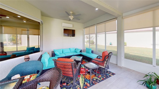 sunroom / solarium featuring a wall unit AC and ceiling fan