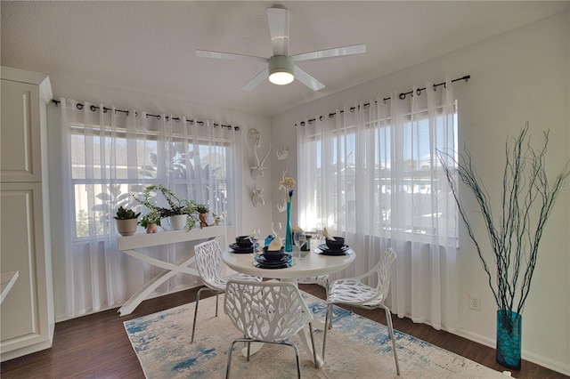 dining area featuring dark hardwood / wood-style floors, a textured ceiling, and ceiling fan