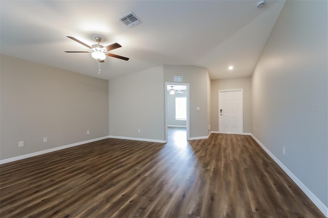 interior space featuring vaulted ceiling, ceiling fan, and dark hardwood / wood-style floors