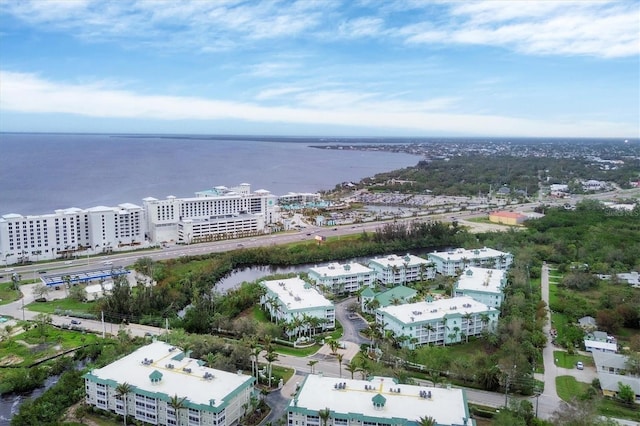 drone / aerial view with a water view