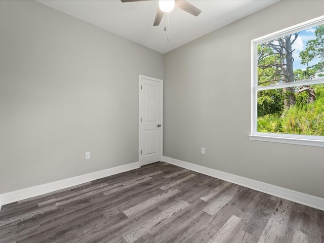 spare room featuring ceiling fan and dark hardwood / wood-style floors