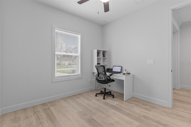 office with ceiling fan and light hardwood / wood-style flooring