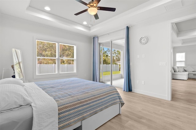 bedroom featuring access to outside, crown molding, ceiling fan, and light wood-type flooring