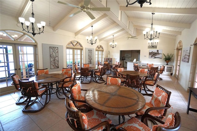 dining area with french doors, vaulted ceiling with beams, tile patterned floors, and ceiling fan