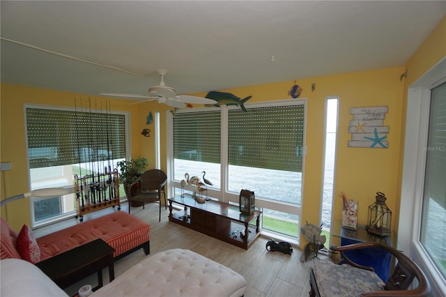 living room with ceiling fan and light wood-type flooring