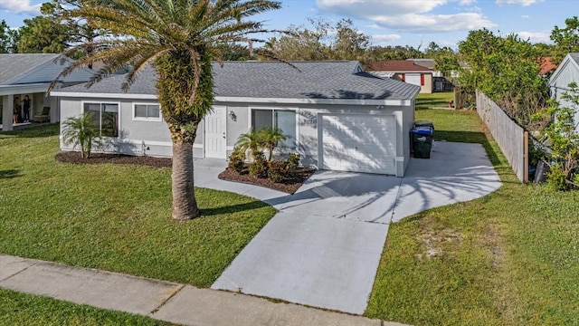 ranch-style home featuring a garage and a front yard