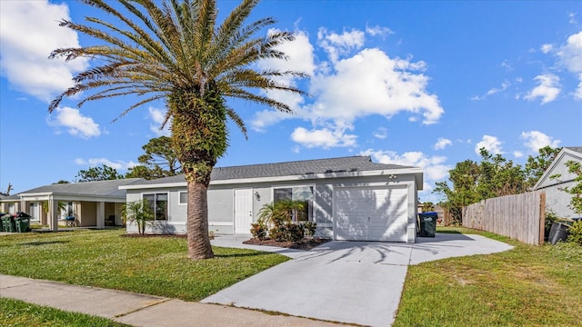 ranch-style home featuring a garage and a front lawn