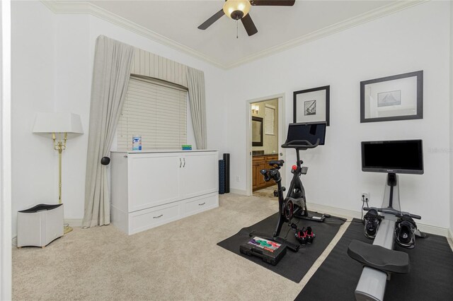 exercise room featuring ceiling fan, light colored carpet, and ornamental molding