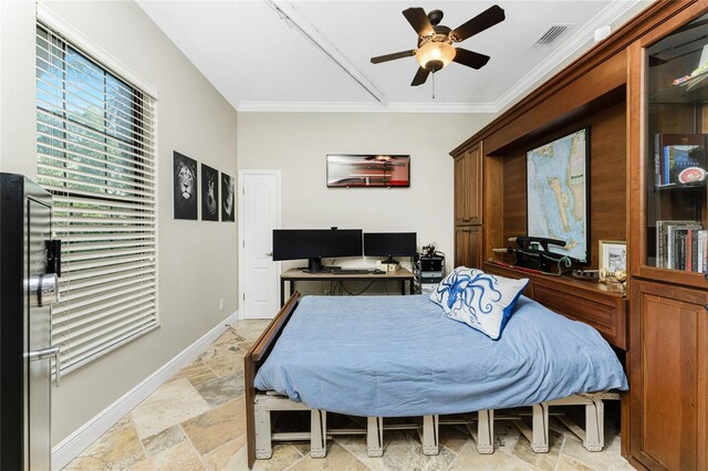 bedroom with ceiling fan, crown molding, and stainless steel refrigerator