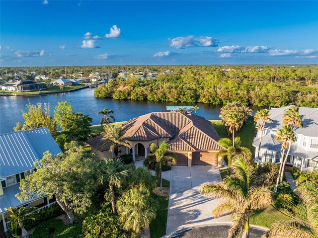 drone / aerial view with a water view