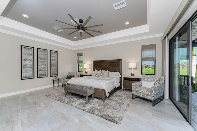 bedroom with access to exterior, ornamental molding, ceiling fan, and a tray ceiling