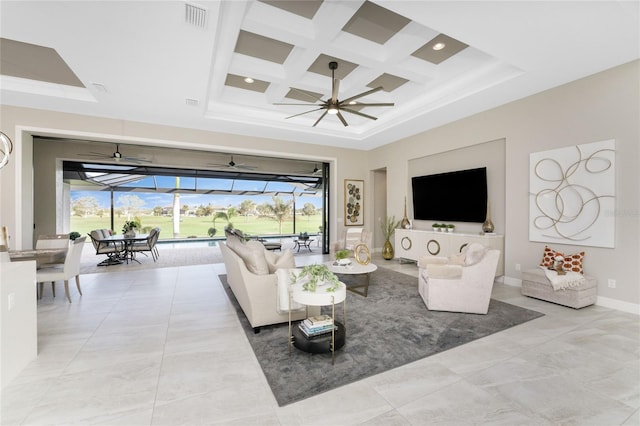 living room featuring ceiling fan, plenty of natural light, beam ceiling, and coffered ceiling