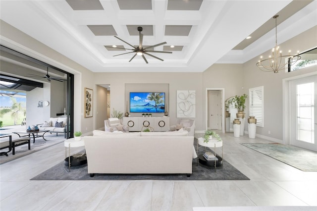 living room with light tile patterned flooring, a high ceiling, beamed ceiling, ceiling fan with notable chandelier, and coffered ceiling