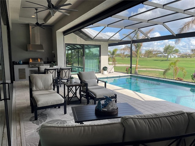 view of swimming pool with a patio, ceiling fan, a grill, and glass enclosure