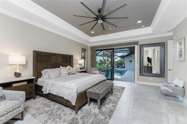 bedroom with ornamental molding, a tray ceiling, ceiling fan, and access to exterior