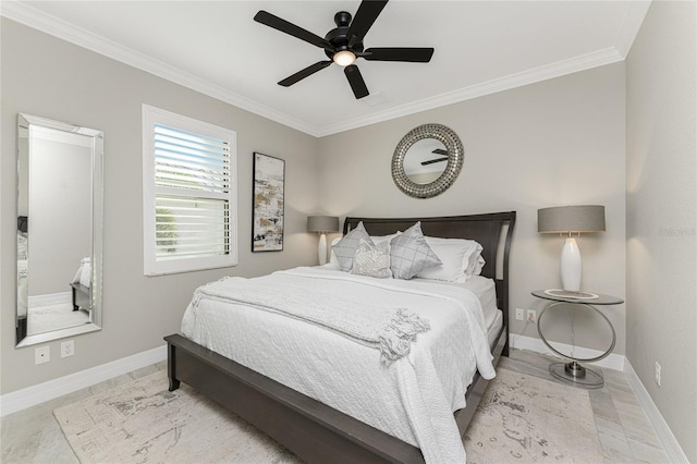 bedroom featuring ceiling fan and crown molding