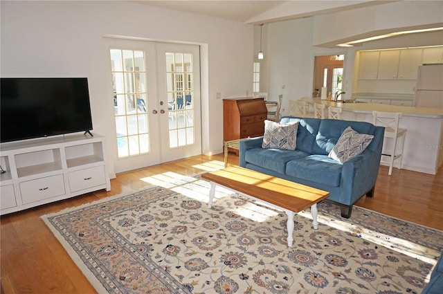 living room featuring hardwood / wood-style floors, plenty of natural light, sink, and french doors