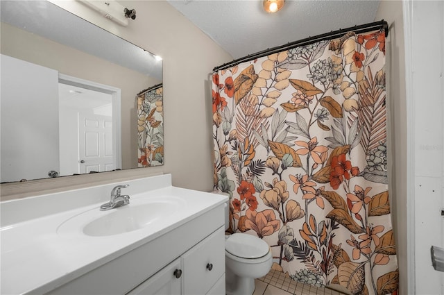 bathroom with a shower with curtain, tile patterned flooring, a textured ceiling, toilet, and vanity