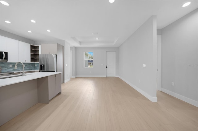 kitchen featuring decorative backsplash, sink, white cabinetry, light wood-type flooring, and appliances with stainless steel finishes