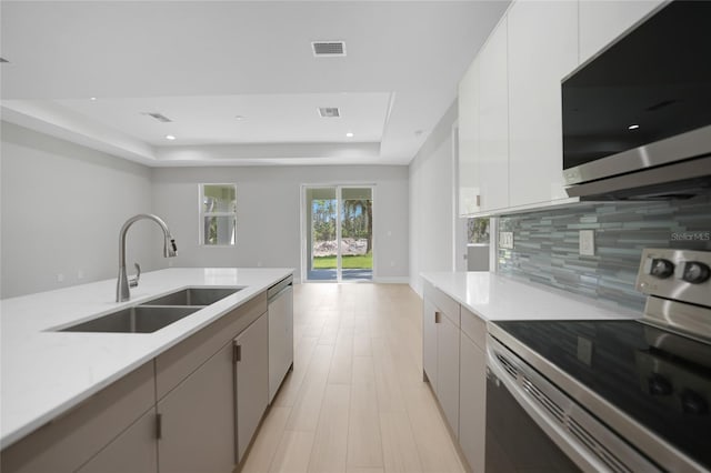 kitchen with stainless steel appliances, white cabinets, a raised ceiling, and backsplash